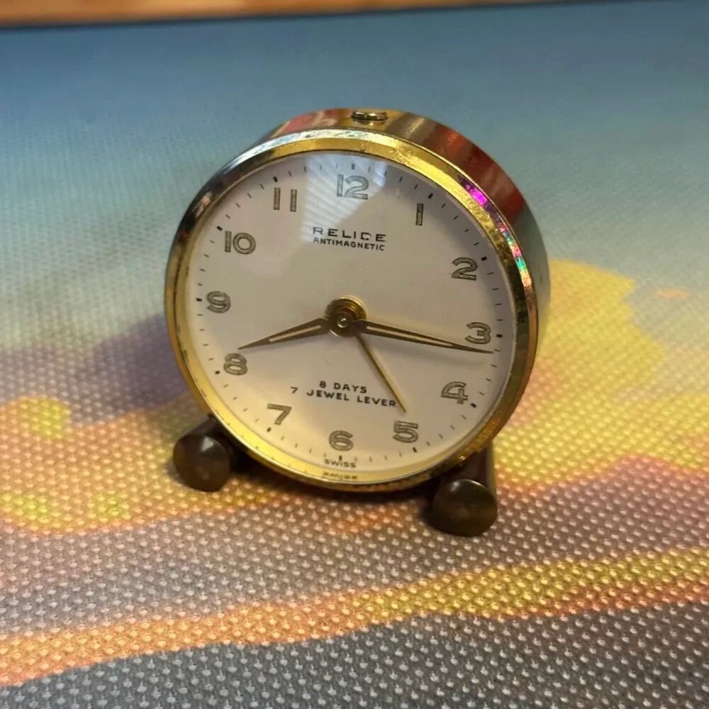 Vintage Relide Anitmagnetic Travel Alarm Clock 8 Days 7 Jewel Lever
